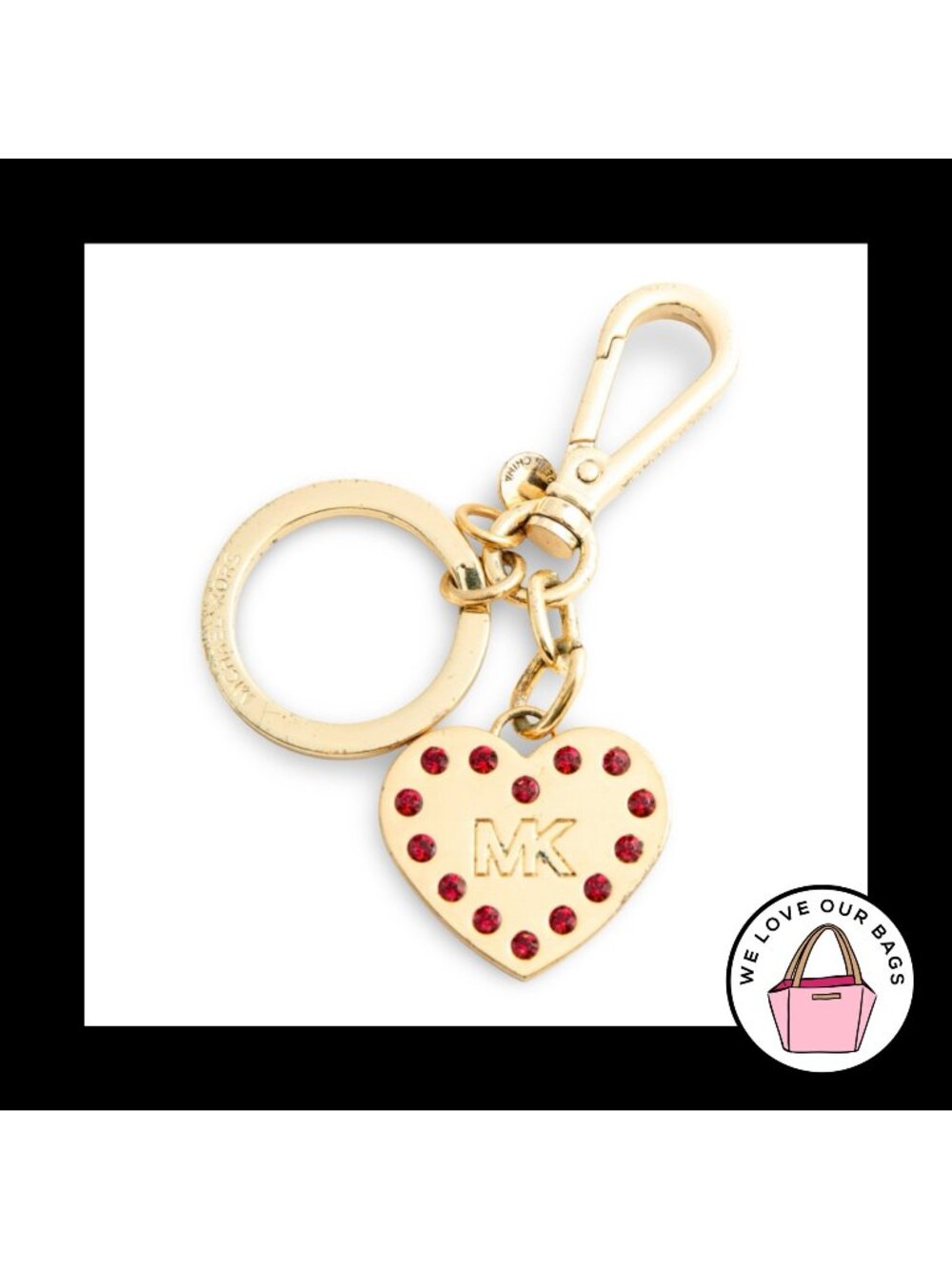 Rare MICHAEL KORS HEART Red Crystal Gold Brass Bag Charm Hang Tag Keychain Fob